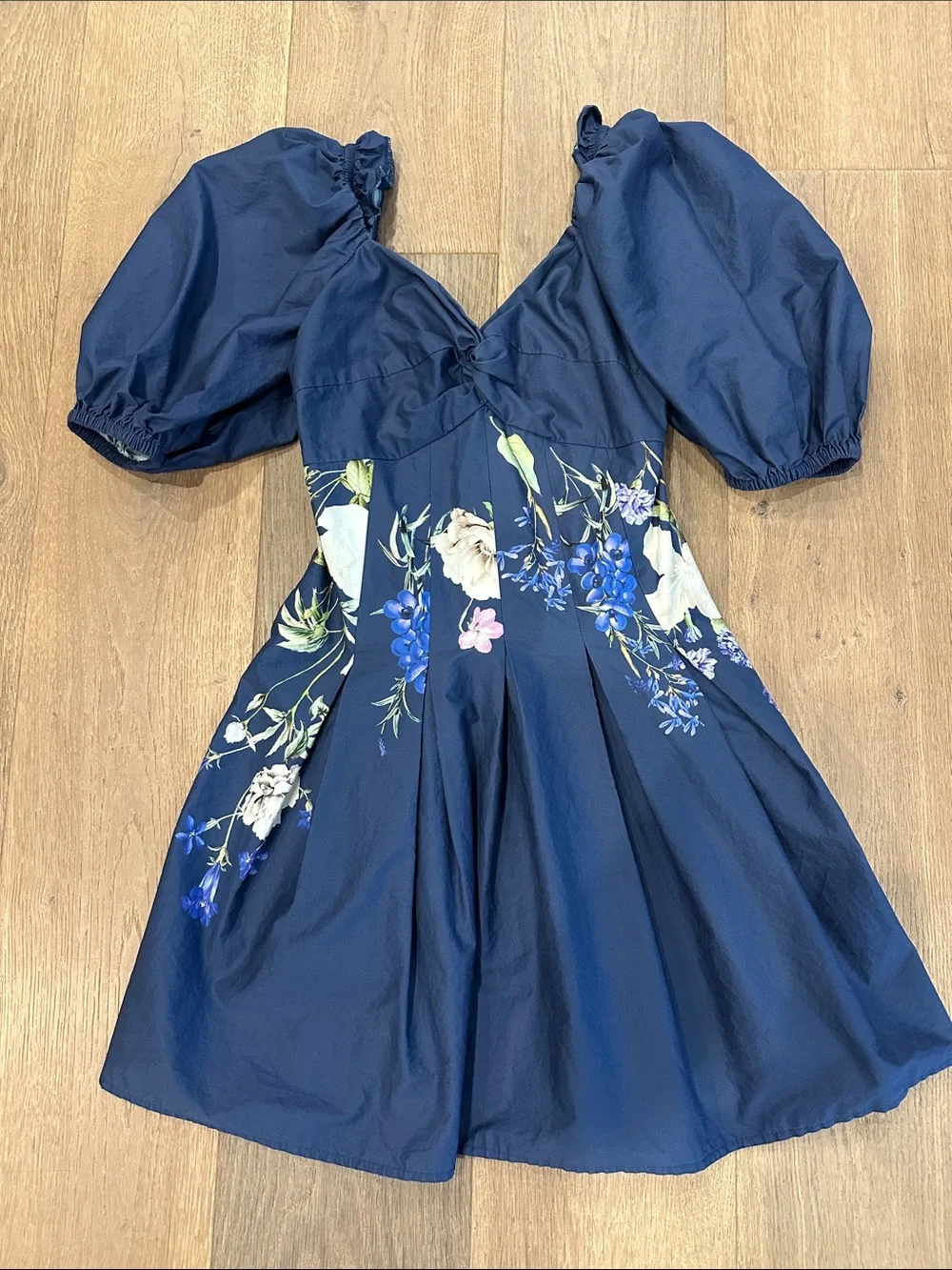 Express Navy Floral Mini Dress with Puff Sleeves